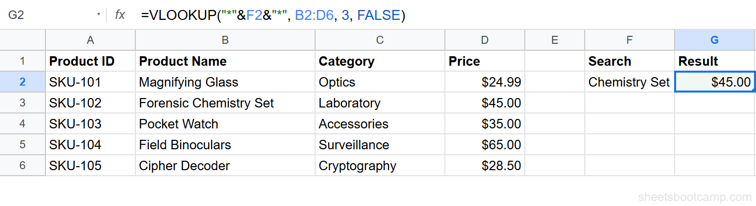 VLOOKUP wildcard result showing $45.00 for Chemistry Set match