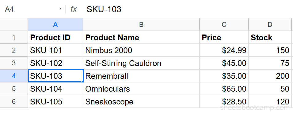 Product inventory with SKU-103 highlighted as the lookup value