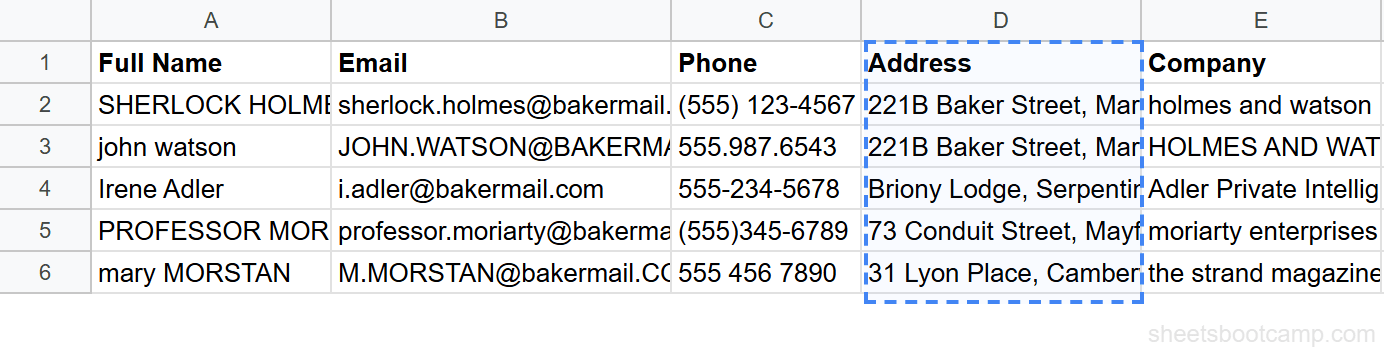 Contact data with long address text overflowing into adjacent columns