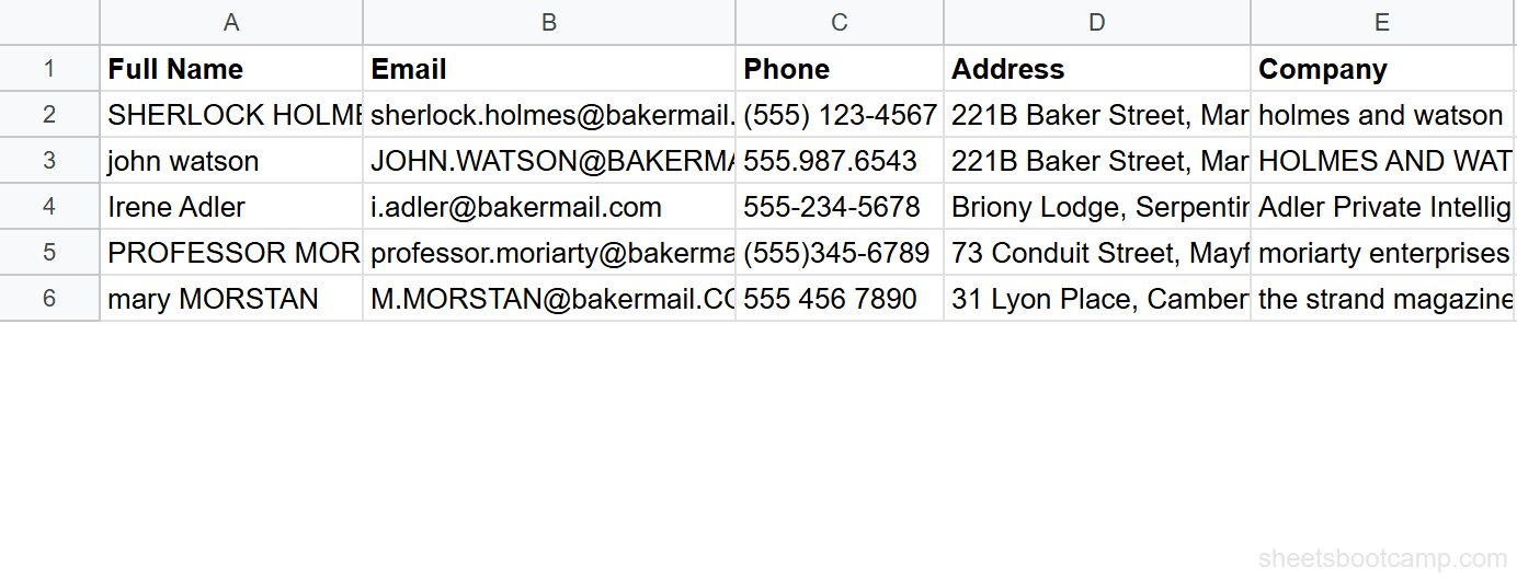 Same contact data with Wrap applied, rows expanded to show full addresses