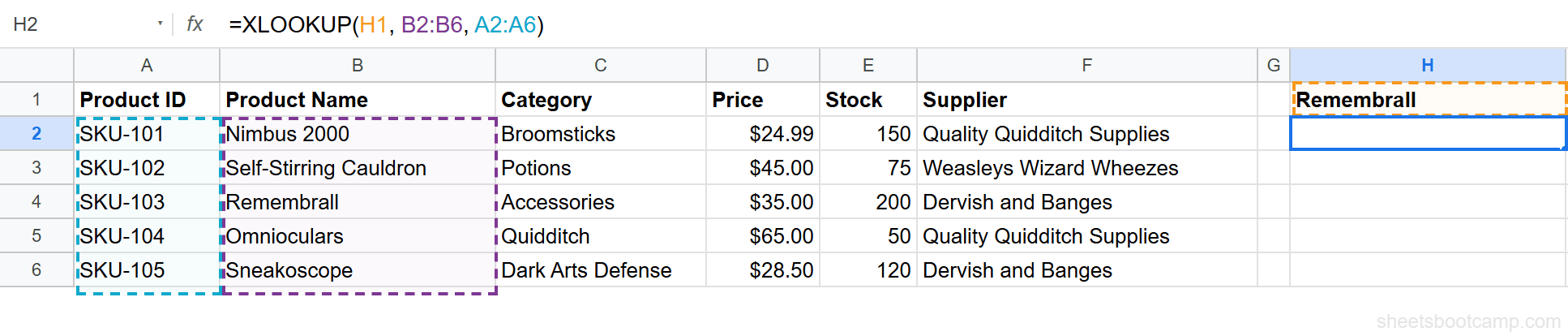 XLOOKUP reverse lookup searching product name to return Product ID
