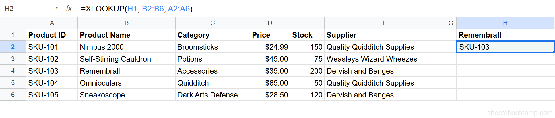 XLOOKUP returns SKU-103 when searching by product name Remembrall