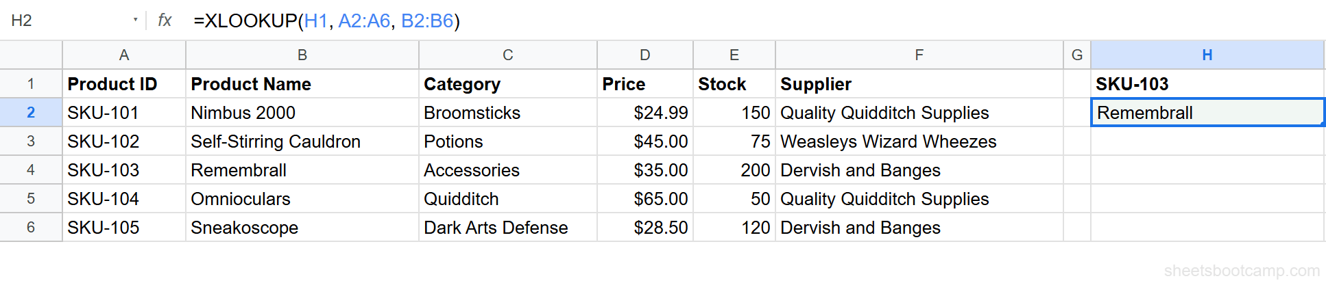 XLOOKUP returns Remembrall for SKU-103 in cell H2