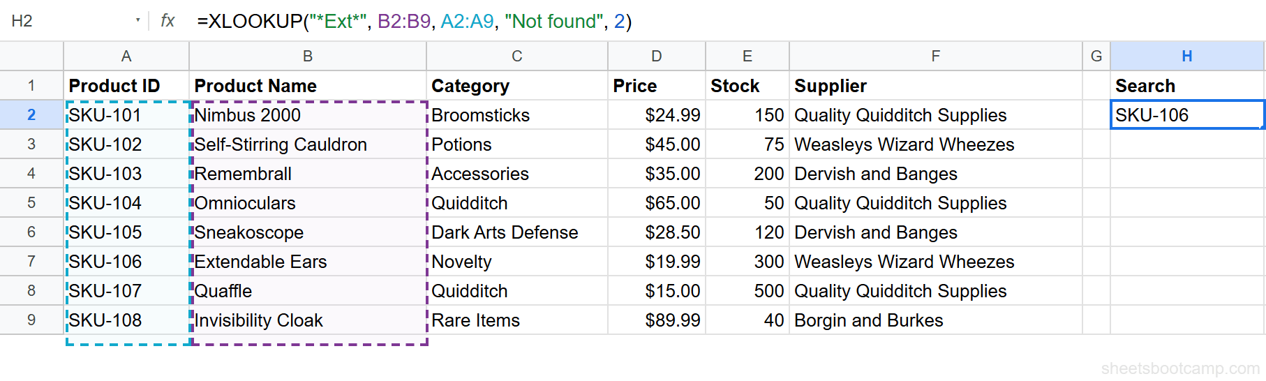 XLOOKUP wildcard search for products containing Ext returns Extendable Ears
