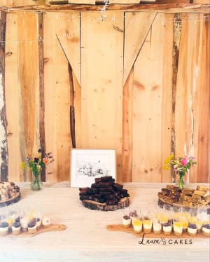 Wedding cake: Rustic barn wedding dessert table
