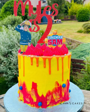 Celebration cake: A fire theme on top