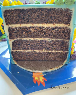 Celebration cake: A chocolate cake with a slice missing