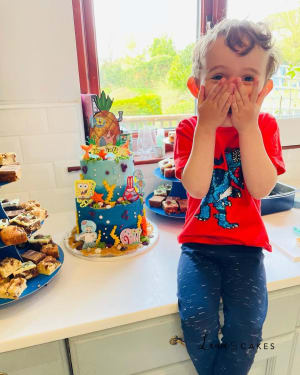 Celebration cake: A little boy sitting on a counter with a cake