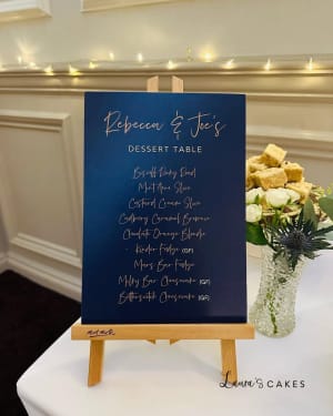 Wedding cake: A sign with a menu on it