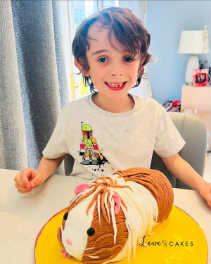 Celebration cake: A little boy sitting at a table with a cake