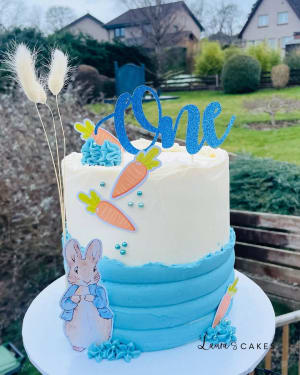 Celebration cake: A blue and white frosting on top