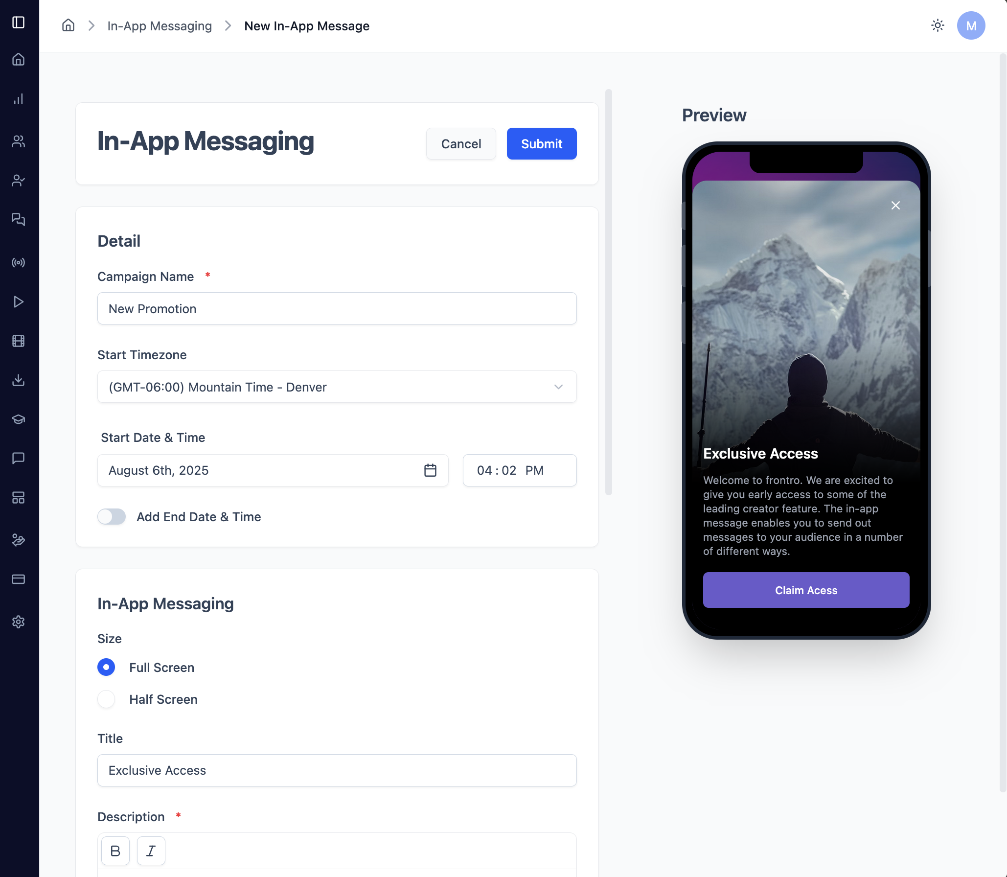 In-App Message Configuration Interface