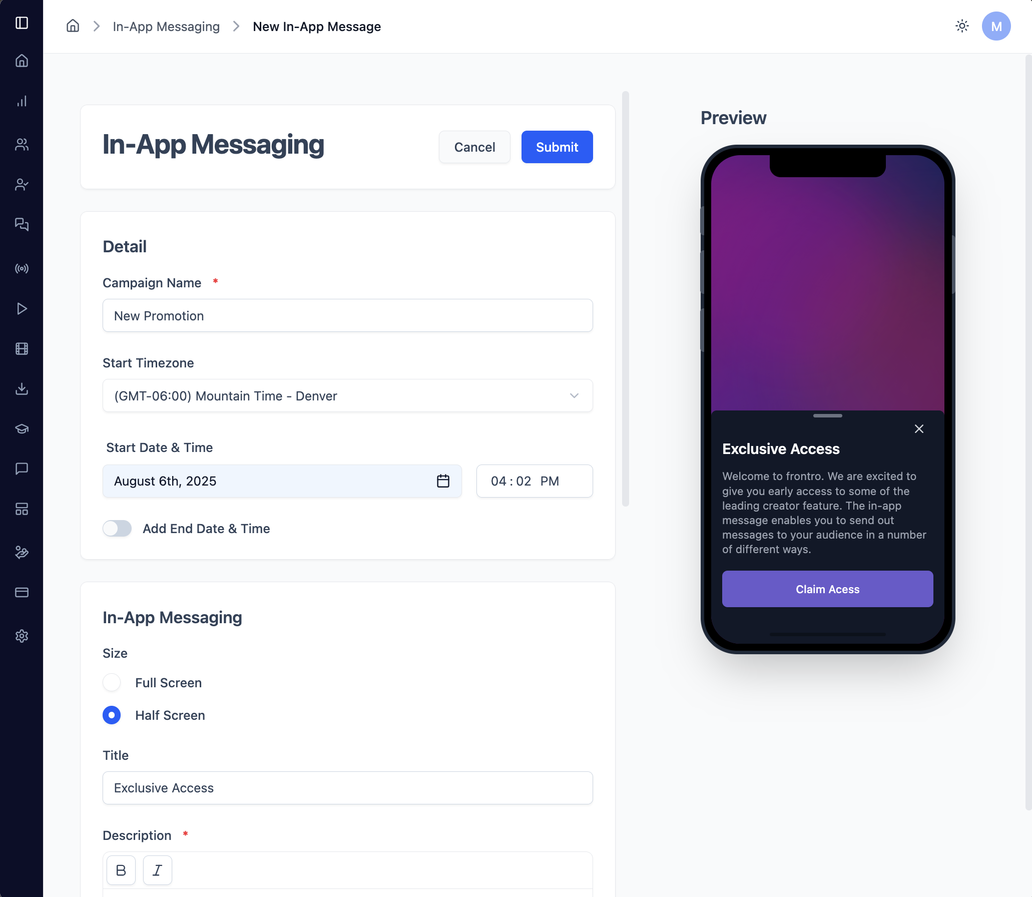 Half Screen Modal Example