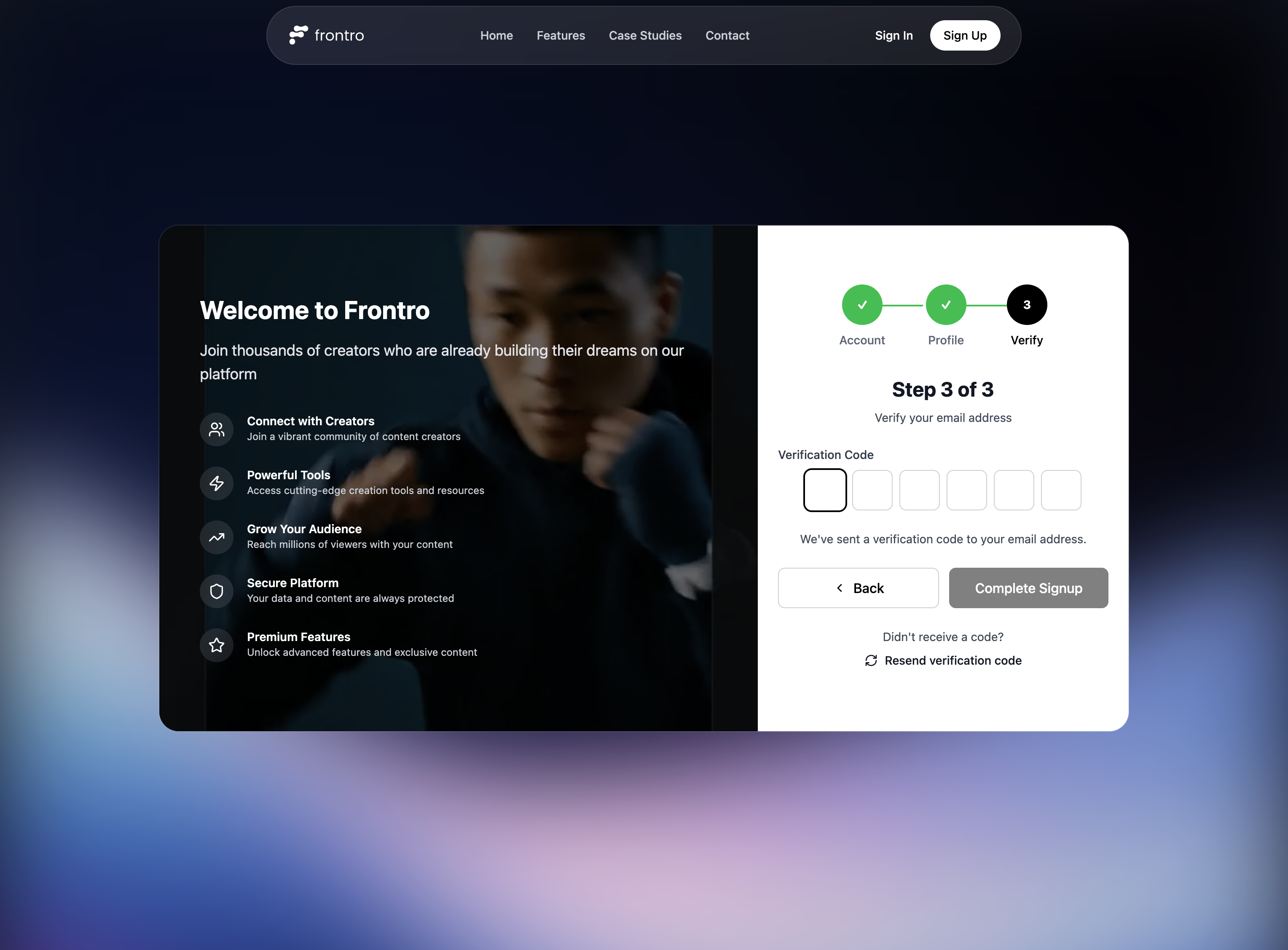 Step 3 verification screen showing code input field