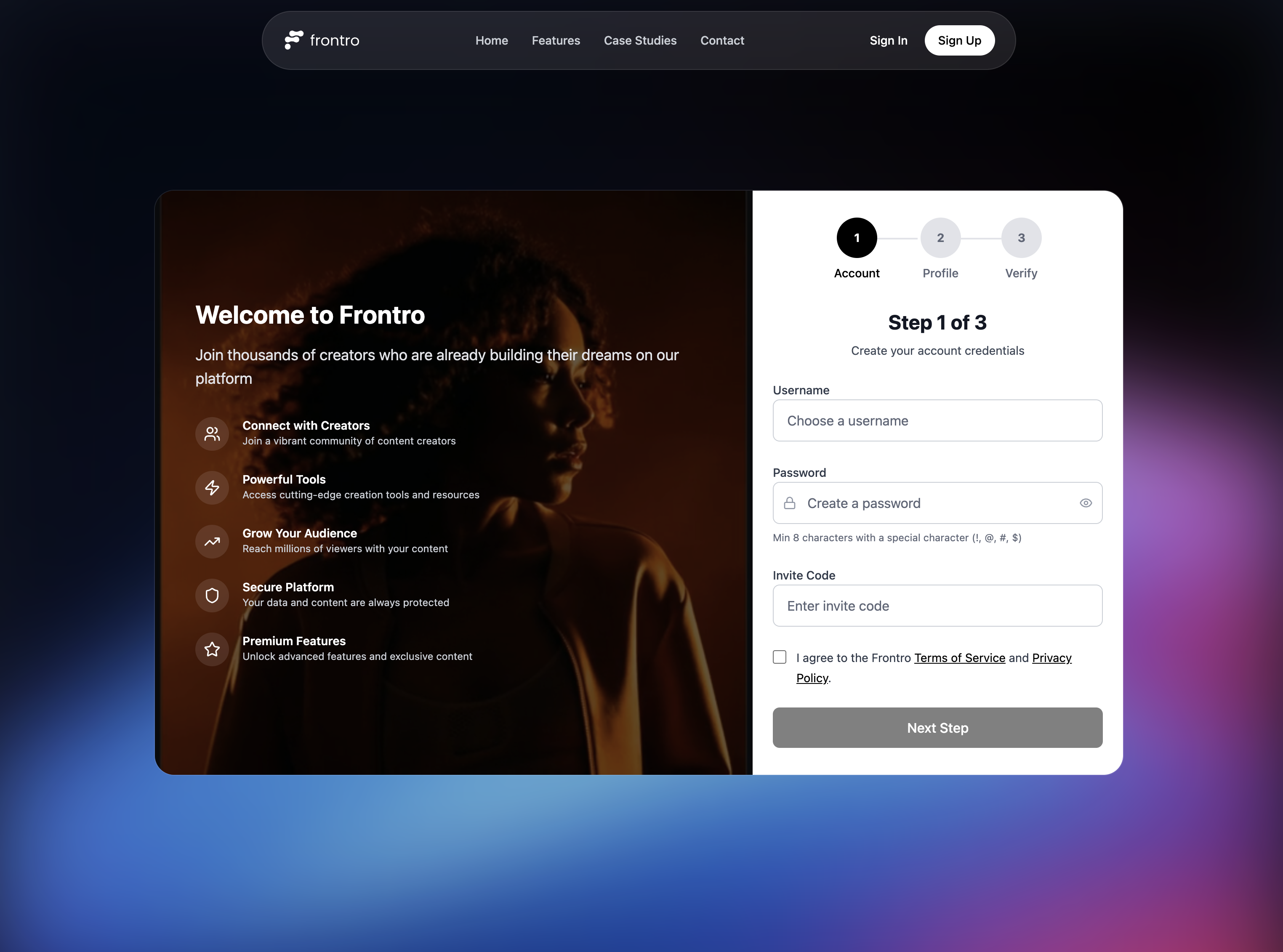 Step 1 form showing invite code input, username, password fields, and terms checkbox