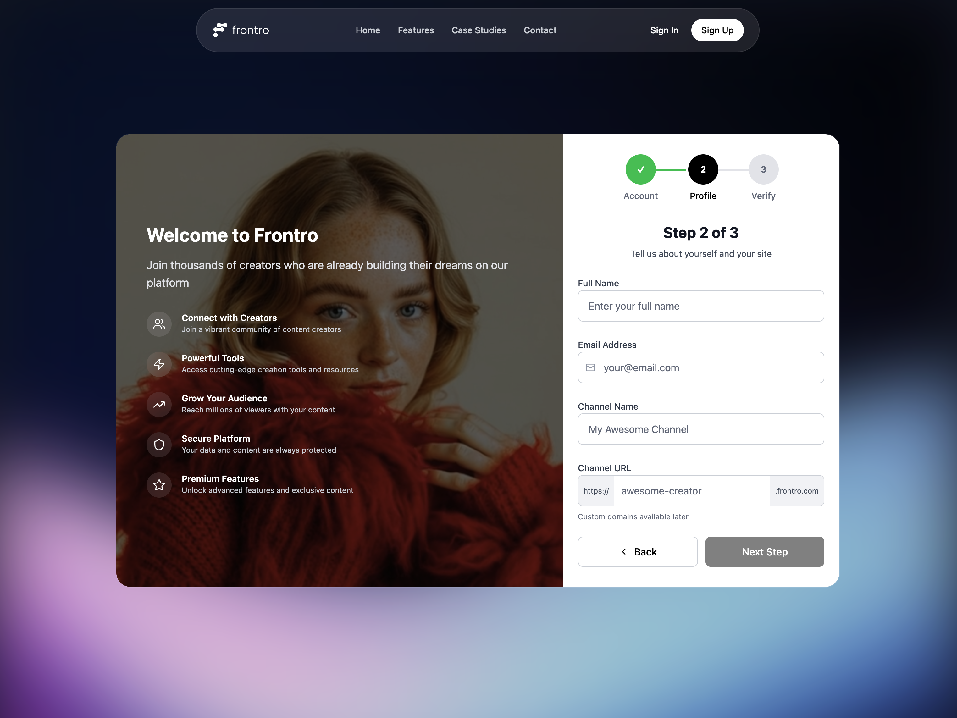 Step 2 form showing all profile and channel fields
