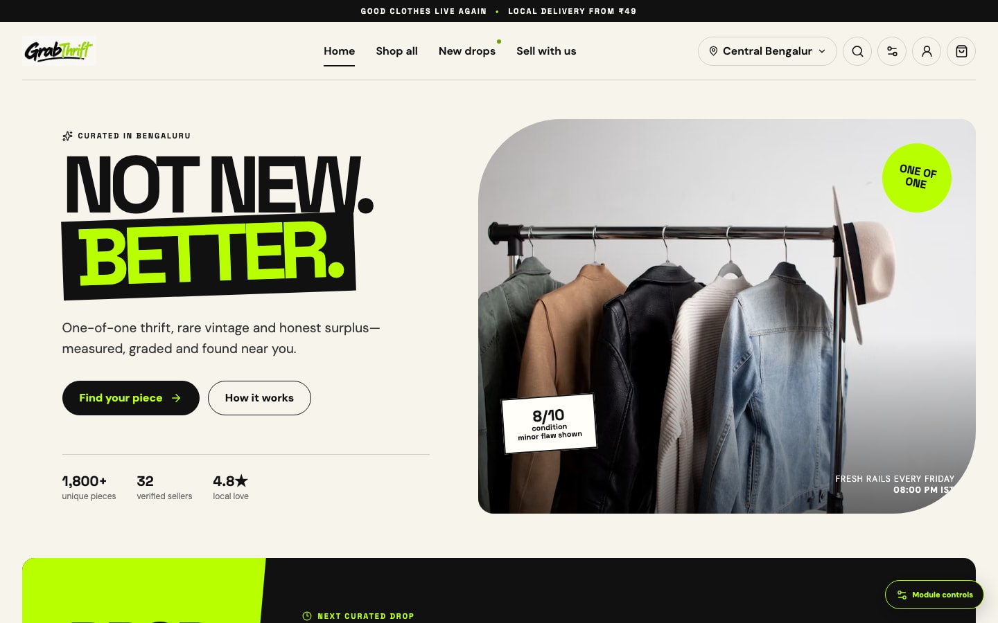 Storefront home: "Not new. Better." with a location selector, search, drops and a how-it-works link.
