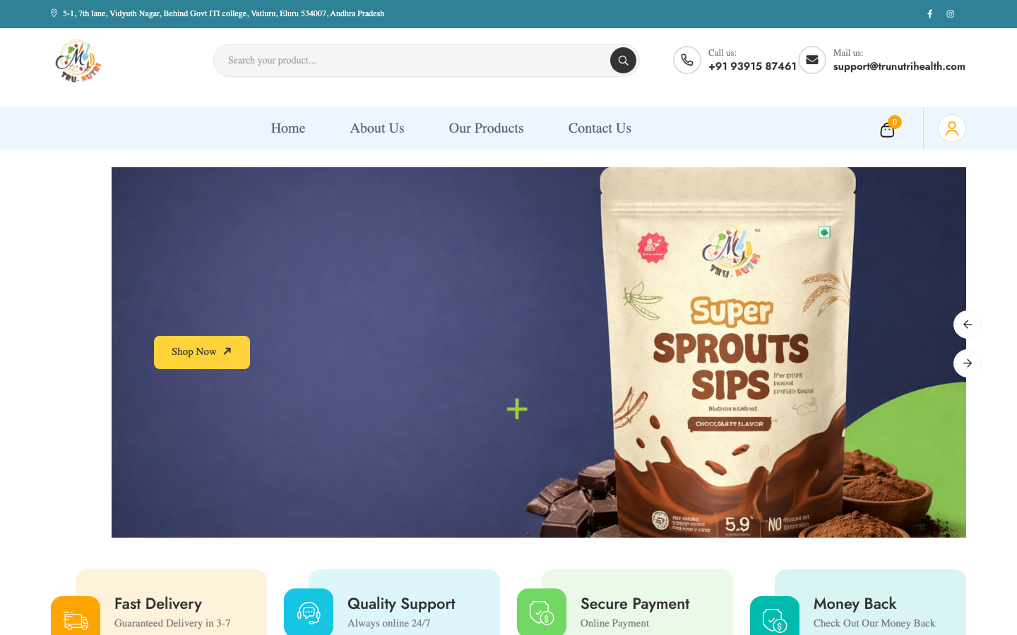 Home: a slider banner for Super Sprouts Sips, with delivery, support, secure payment and money-back points below.