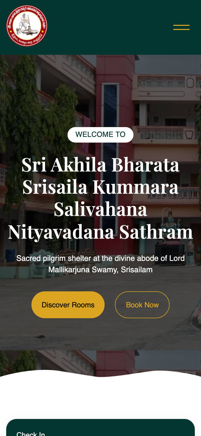 On a phone: the header becomes a menu, with the welcome text and Book Now buttons over the building photo.