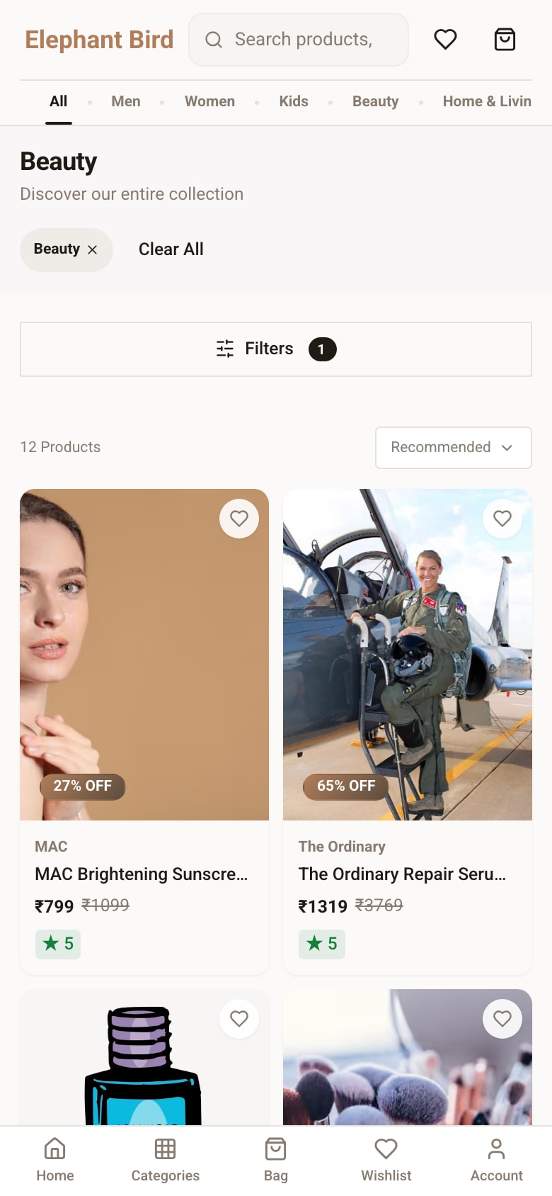 On a phone: filters collapse into one Filters button, and a bottom bar holds Home, Categories, Bag, Wishlist and Account.