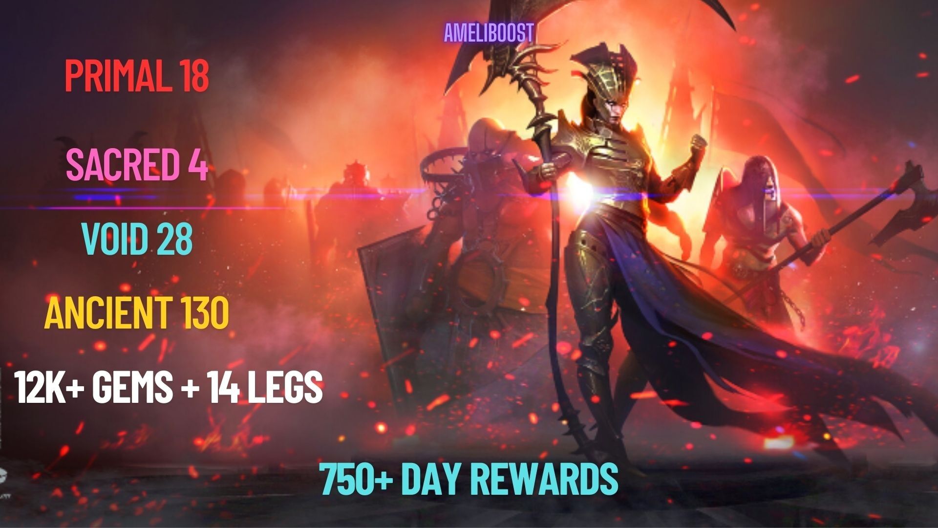 PRIMAL SHARDS 18 + SACRED 4 + VOID 28 + ANCIENT 130 + 12K GEMS +14 LEGS + 750 DAY REWARDS + FULL ACCESS PRIMAL SHARDS 18 + SACRED 4 + VOID 28 + ANCIENT 130 + 12K GEMS +14 LEGS + 750 DAY REWARDS + FULL ACCESS