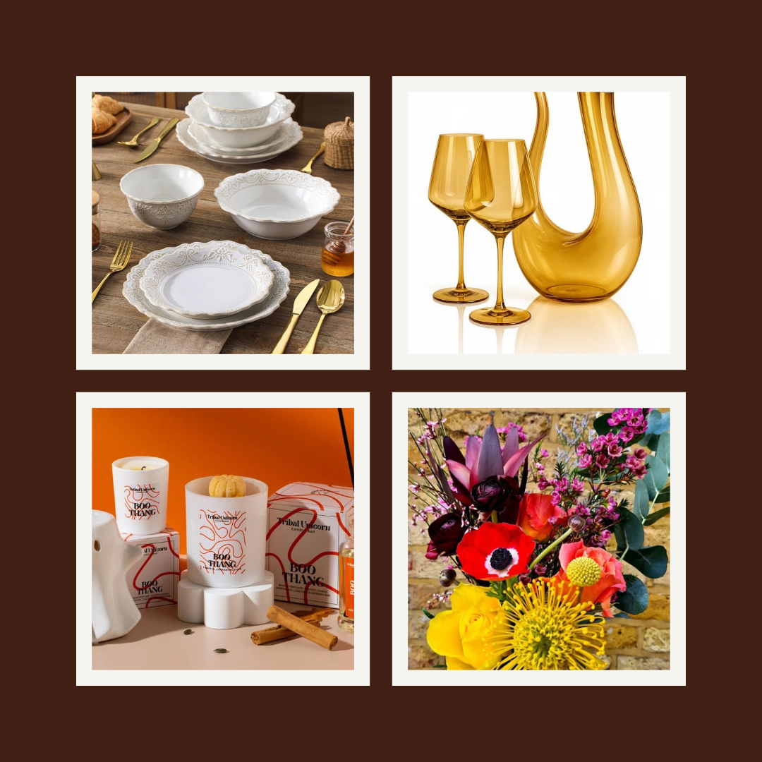 A collage of products from brands; glasses, tableware, candles and flowers perfect for hosting a dinner party