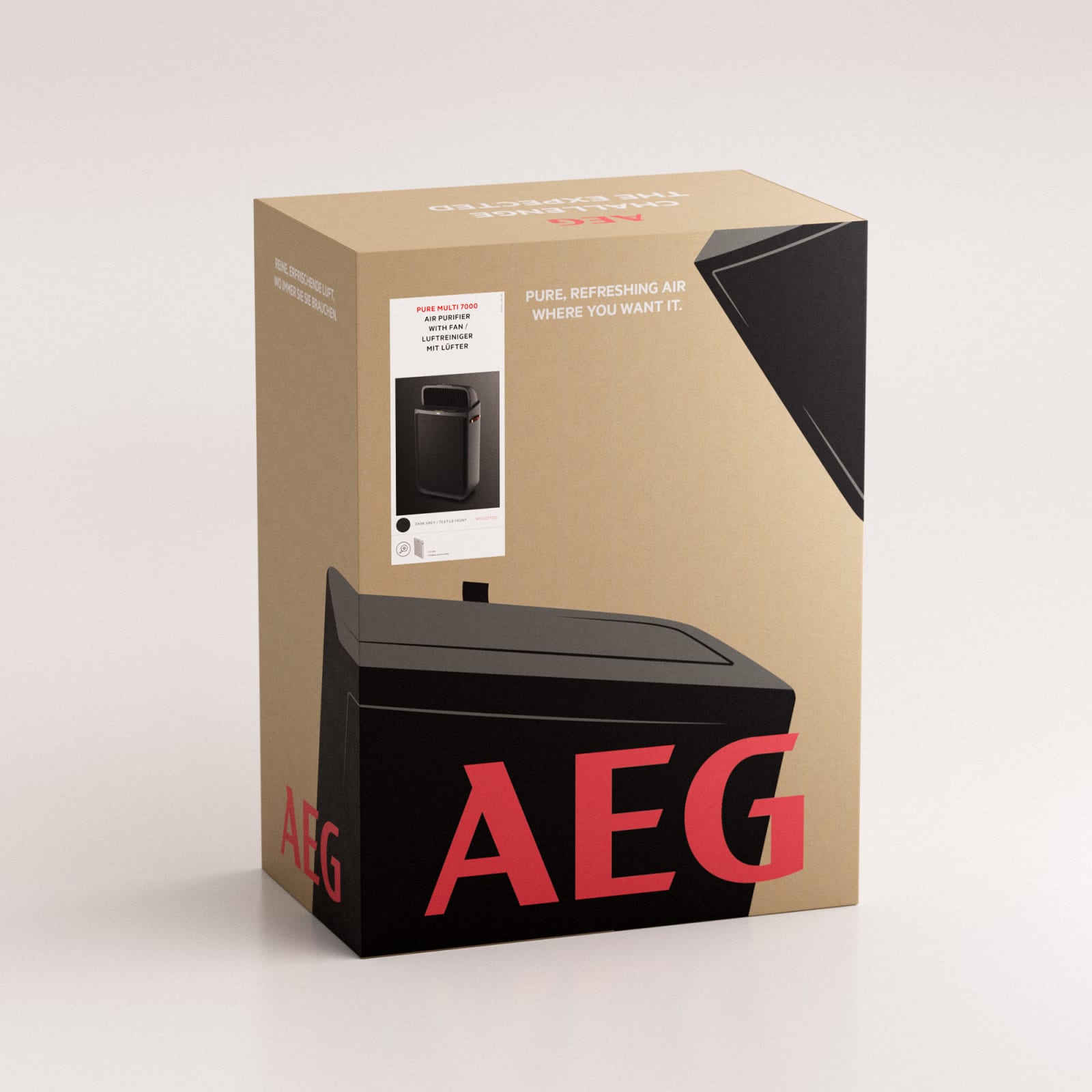 AEG air purifier retail box in kraft cardboard with black product partially emerging from the open box and red AEG wordmark