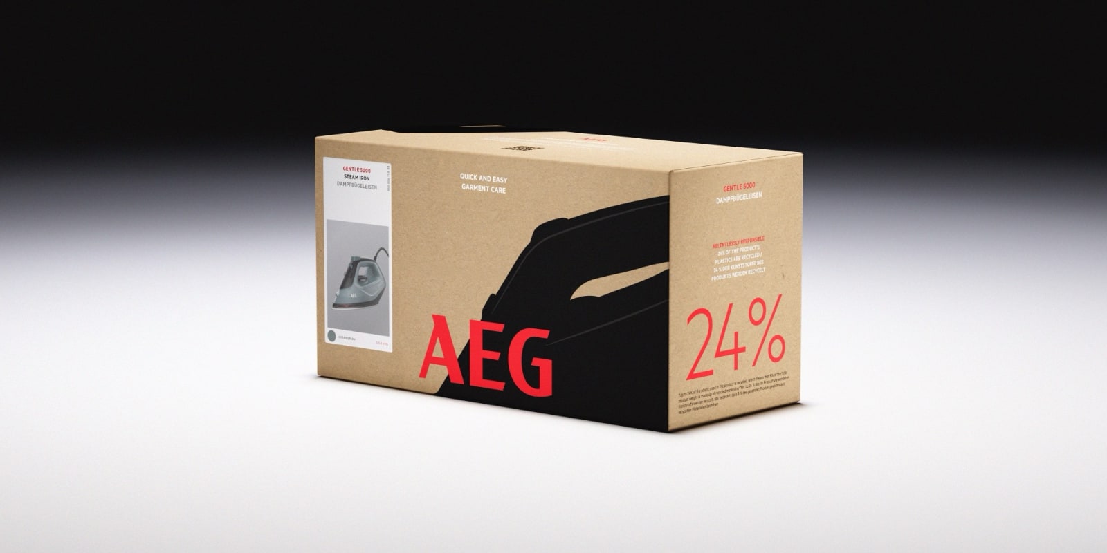 AEG Gentle 5000 steam iron retail box in kraft cardboard with bold black product silhouette and red AEG wordmark against dark background