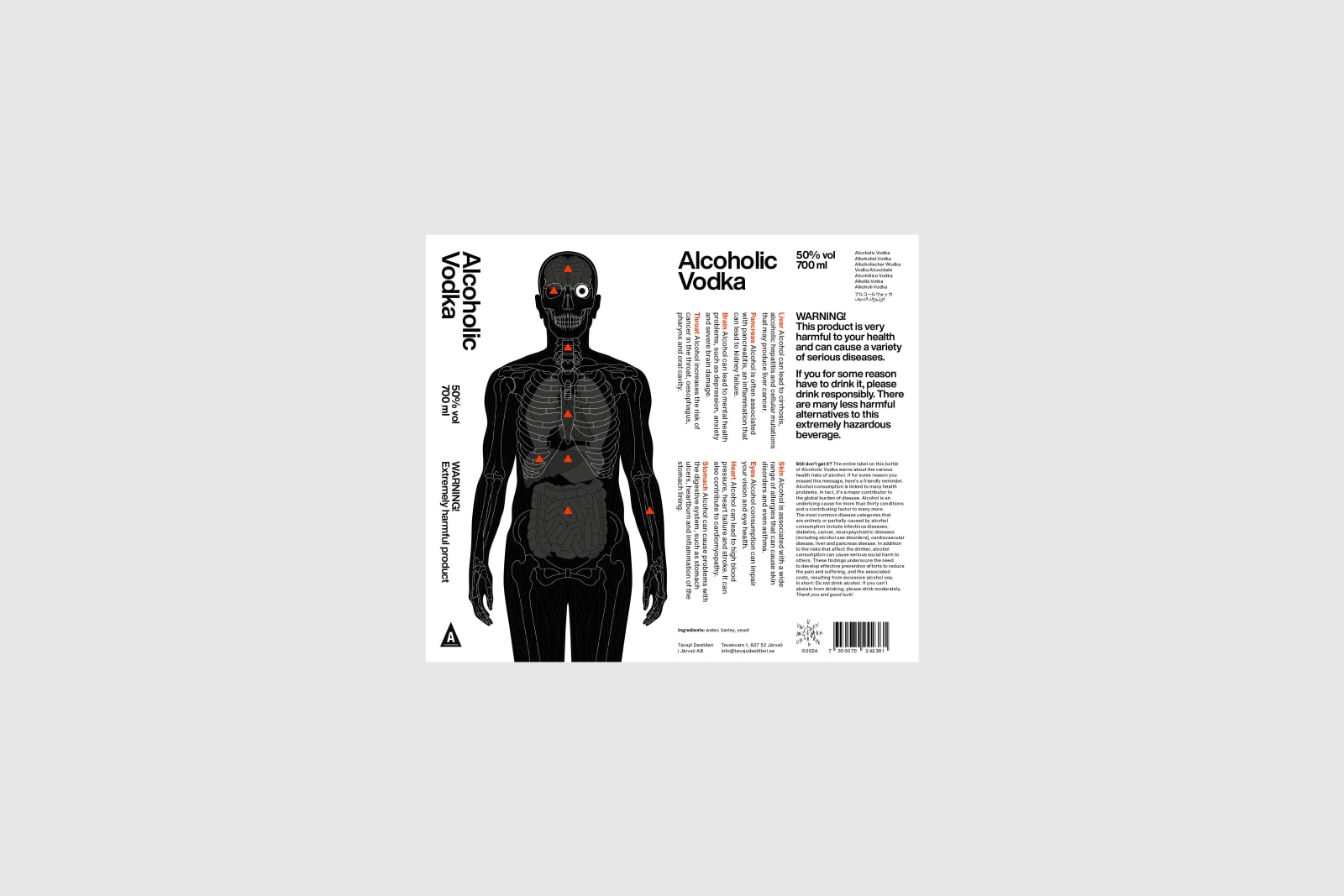 Alcoholic Vodka bottle label laid flat showing full-wrap design with human body diagram and red anatomical markers