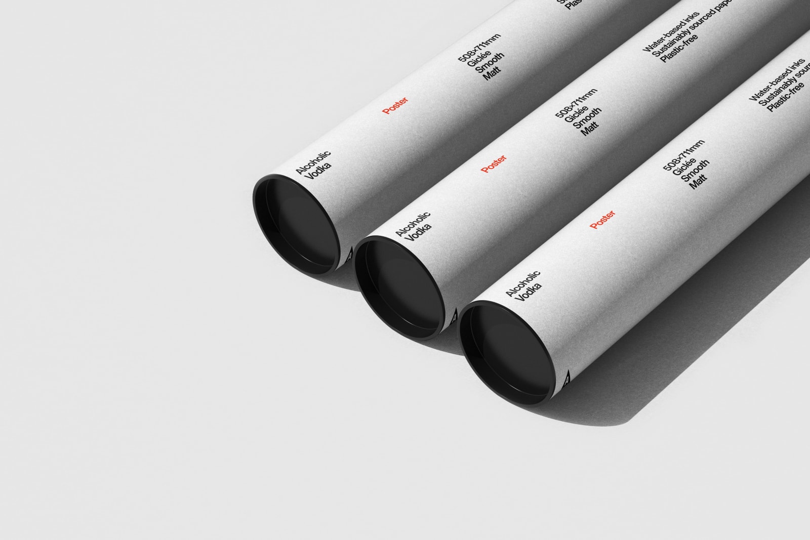 Three white cylindrical paper packaging tubes for Alcoholic Vodka, stacked at an angle on white background