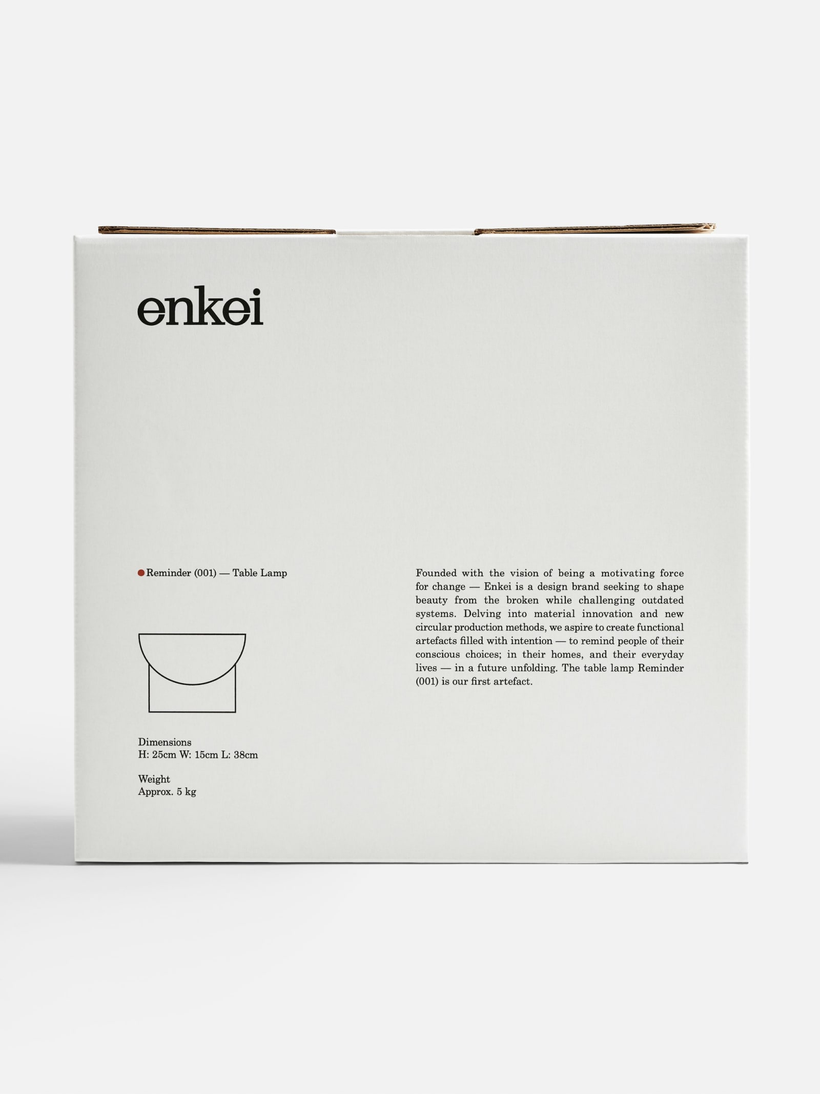 Enkei Reminder (001) Table Lamp white corrugated cardboard box back face showing product line drawing, dimensions, and brand description