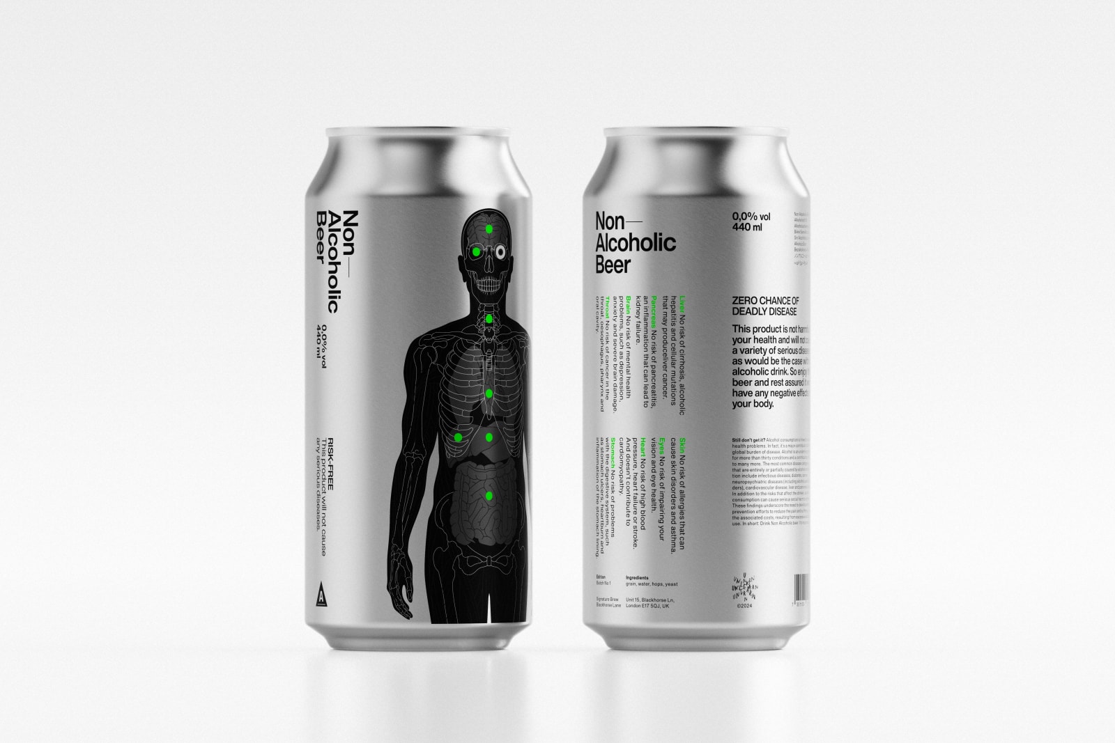 Non Alcoholic Beer silver aluminium can front and back view with black body diagram and green anatomical health markers