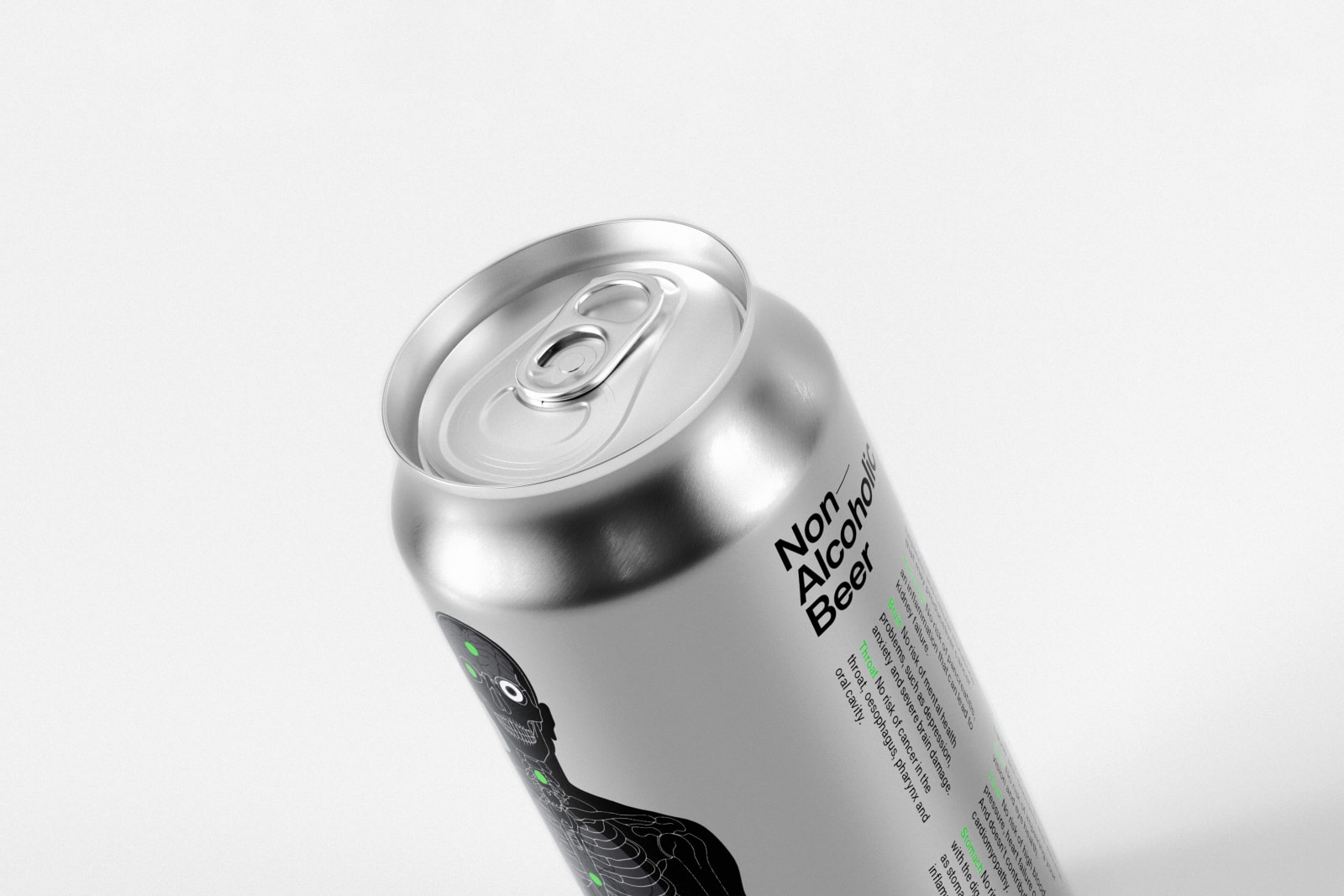 Non Alcoholic Beer silver aluminium can tilted at angle showing top and label detail on white background