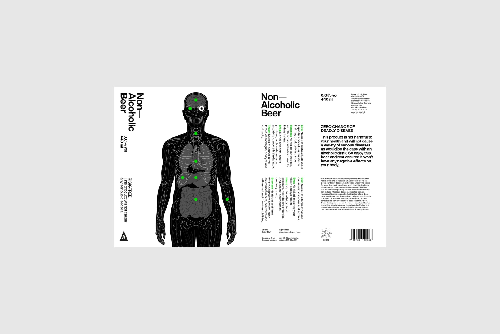 Non Alcoholic Beer can label laid flat as full-wrap showing body illustration with green anatomical markers on silver background
