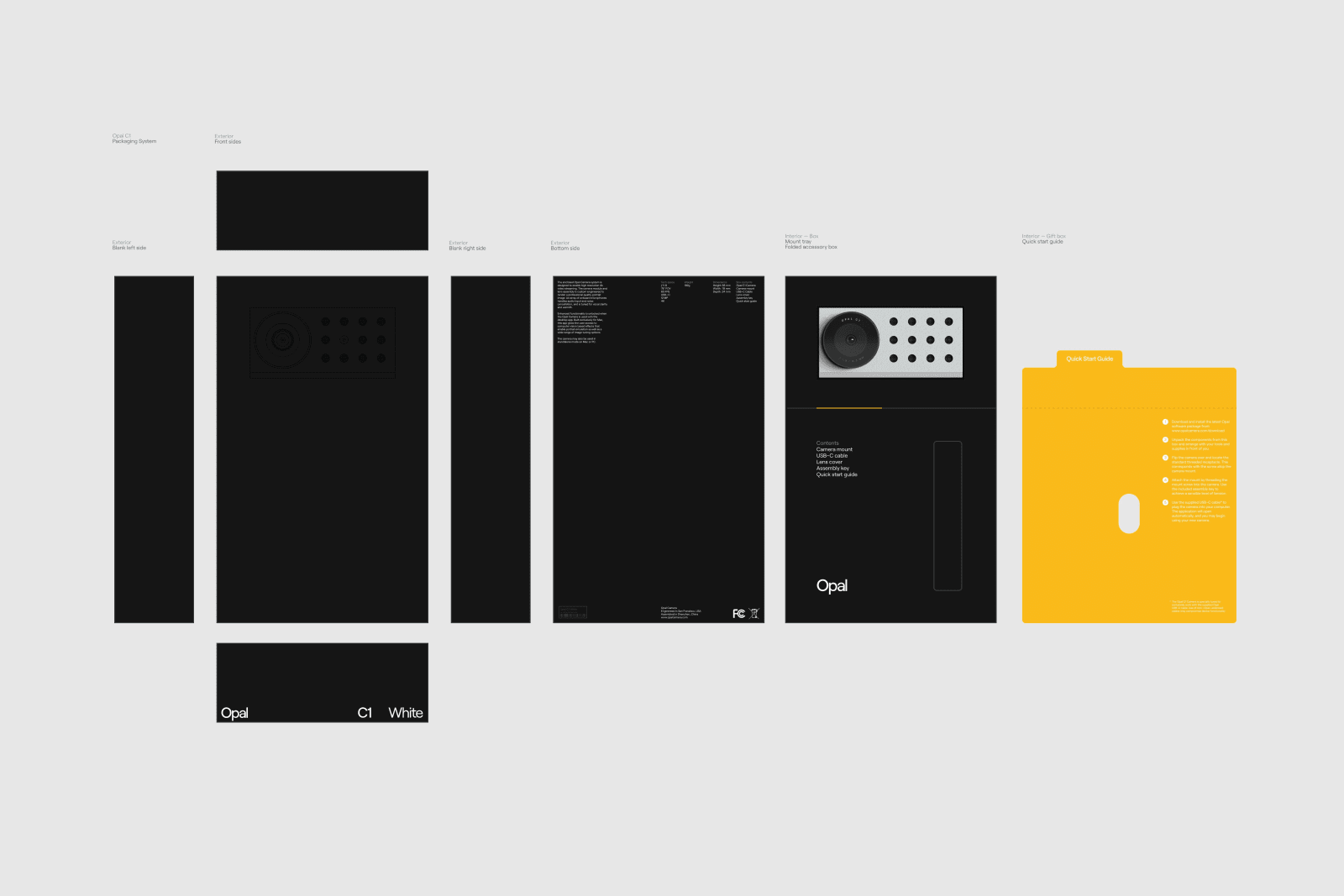 Flat dieline layout of Opal C1 packaging panels in black and yellow colorways on white background