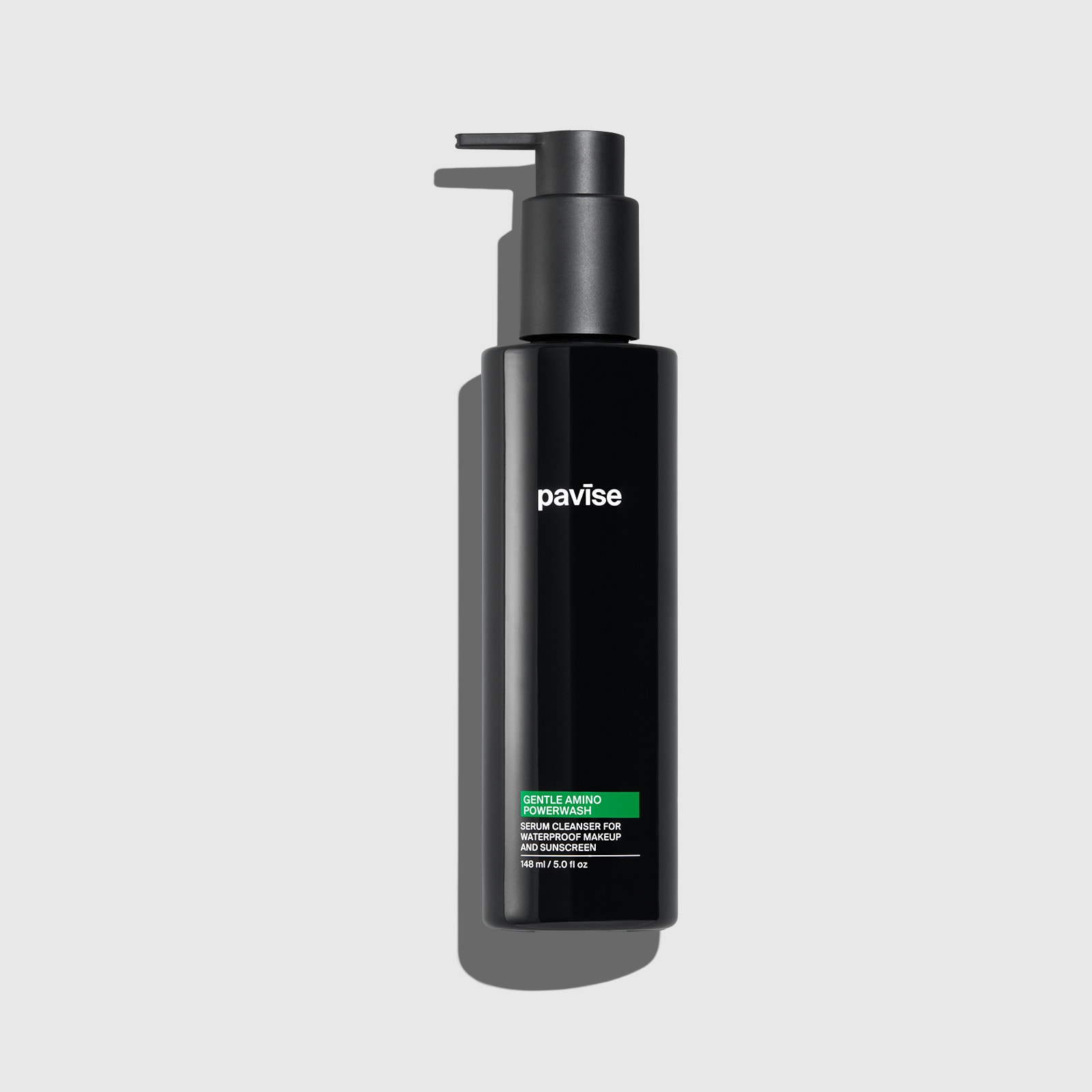 Black pump bottle with white text branding labeled 'pavise' and green label detail for Gentle Amino Powerwash product