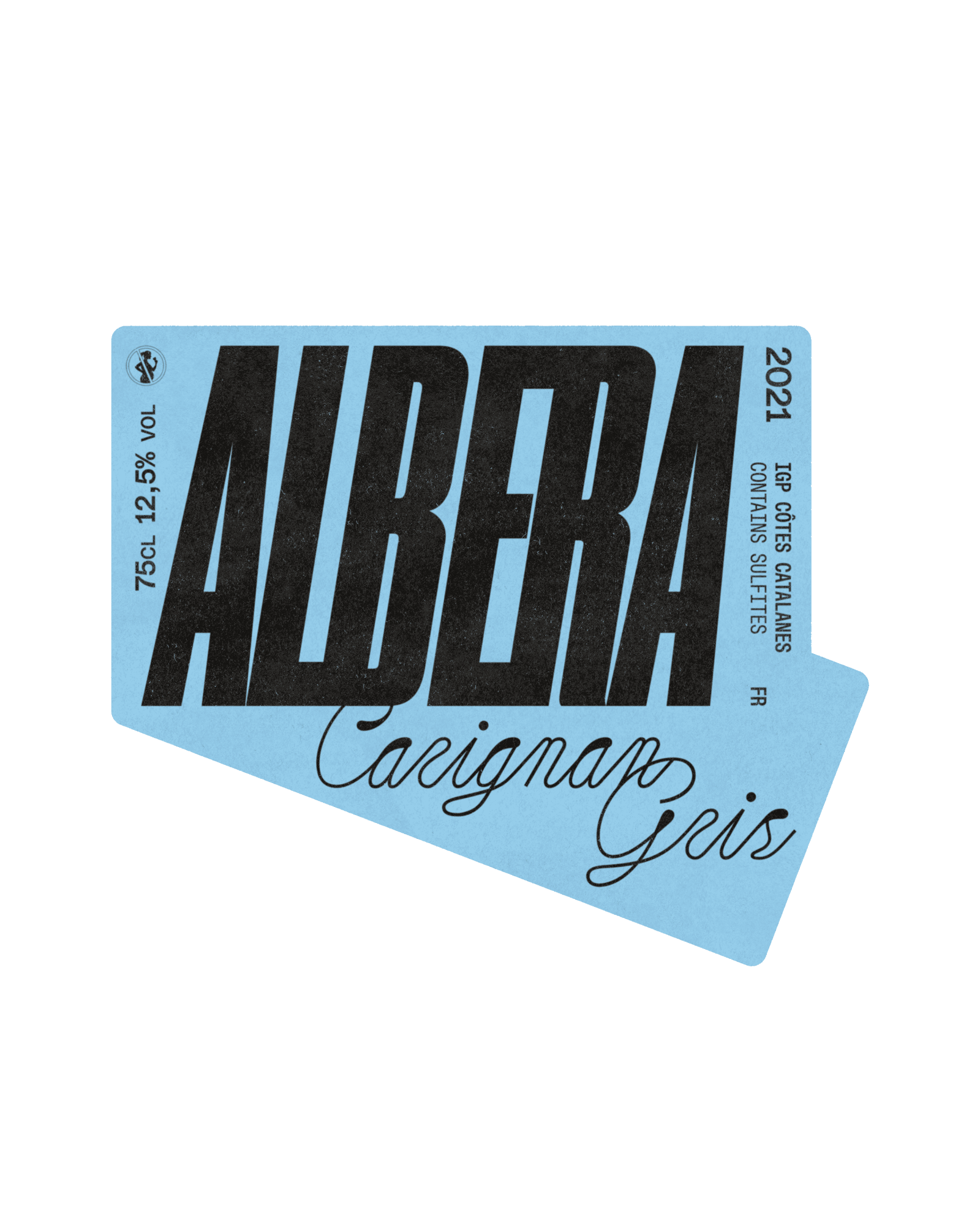 Albera 2021 wine label flat scan — two overlapping light blue cards with bold condensed ALBERA type and Carignan Gris in script on green background