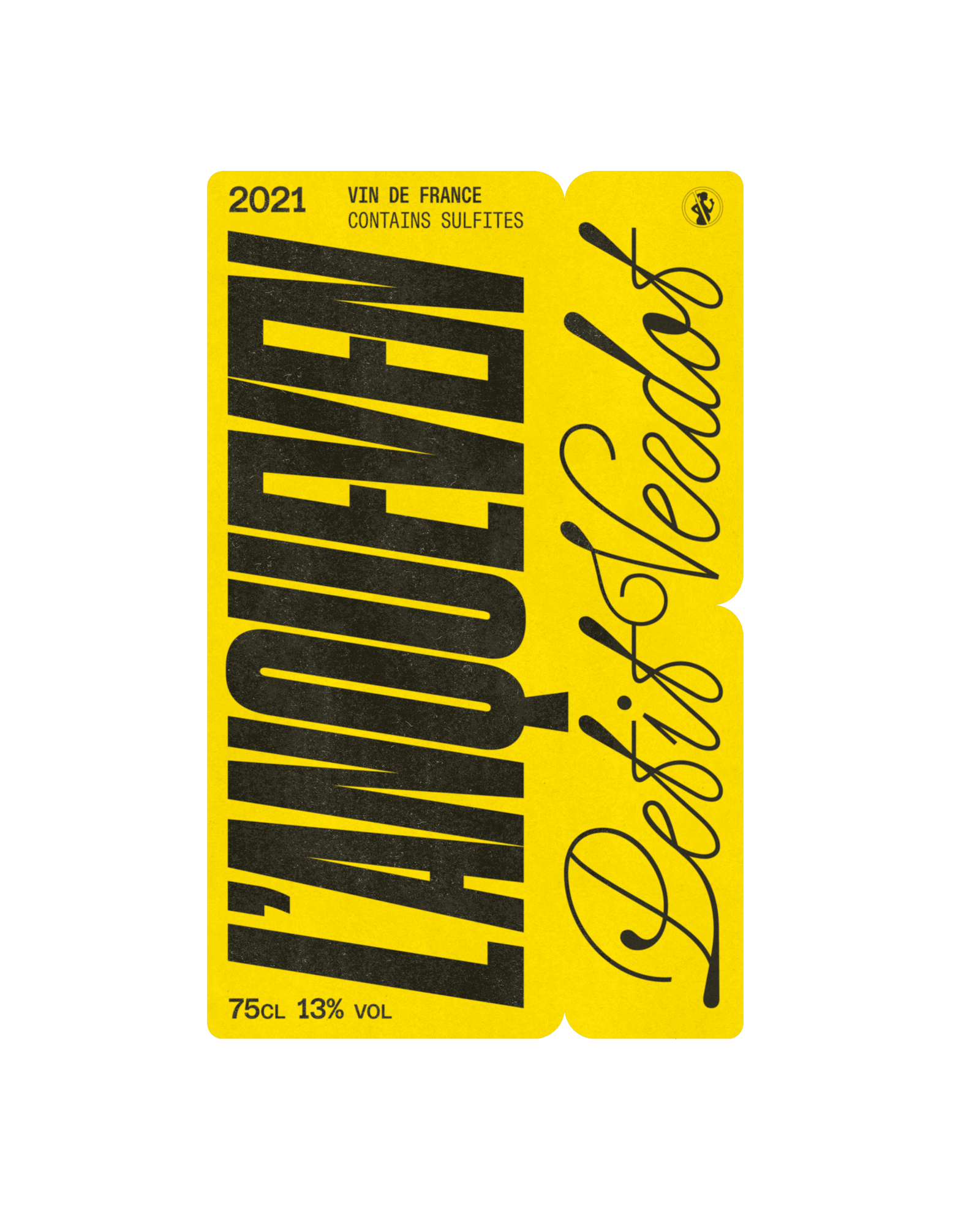 L'Anqueven 2021 wine label flat scan — bright yellow with condensed black L'ANQUEVEN type running vertically and Petit Verdot in script