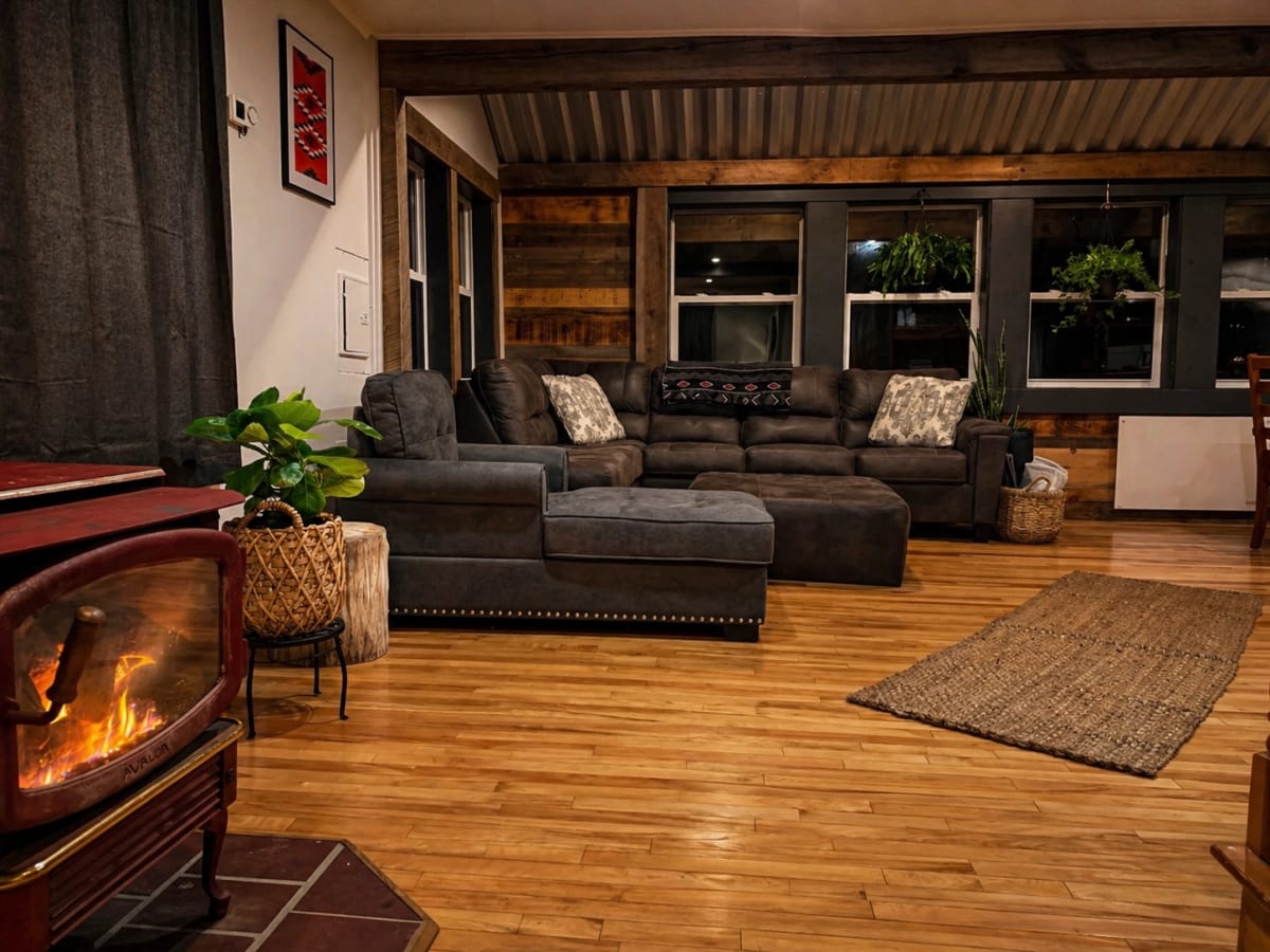 Living room with wood stove, weathered shiplap wall planks, rough-sawn beams, and corrugated metal ceiling