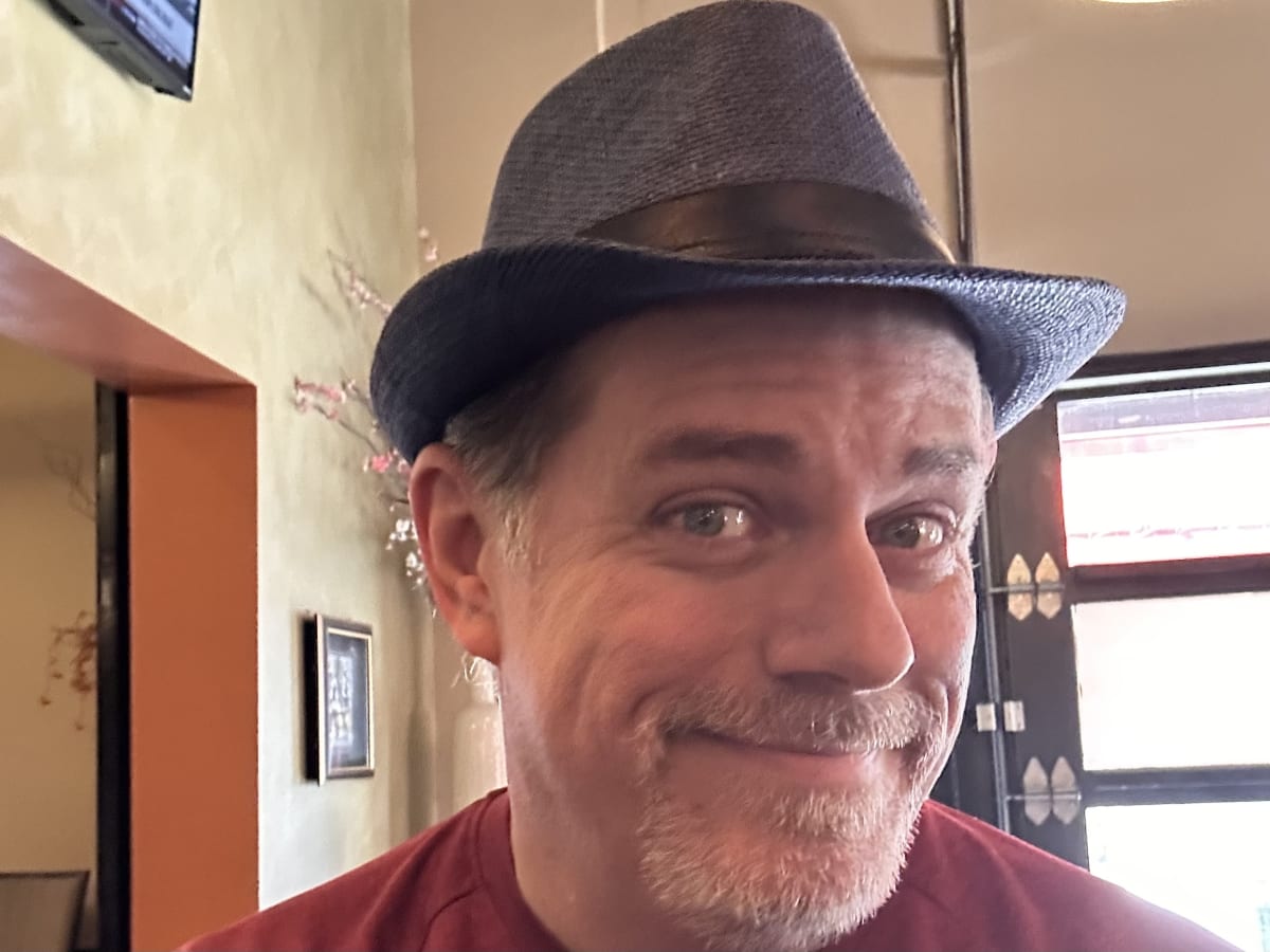Selfie wearing my blue fedora