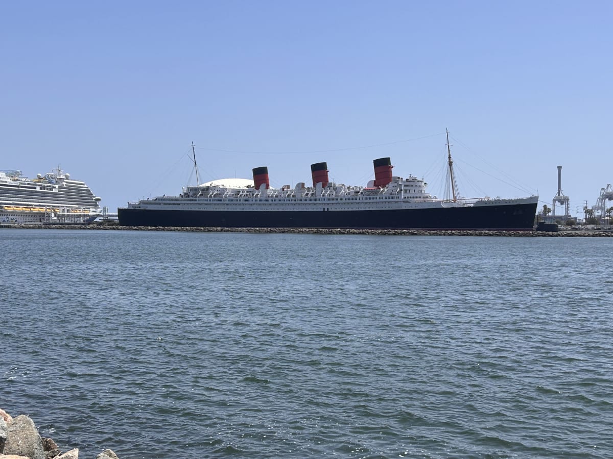View of The Queen Mary from across the Bay in Long Beach, California