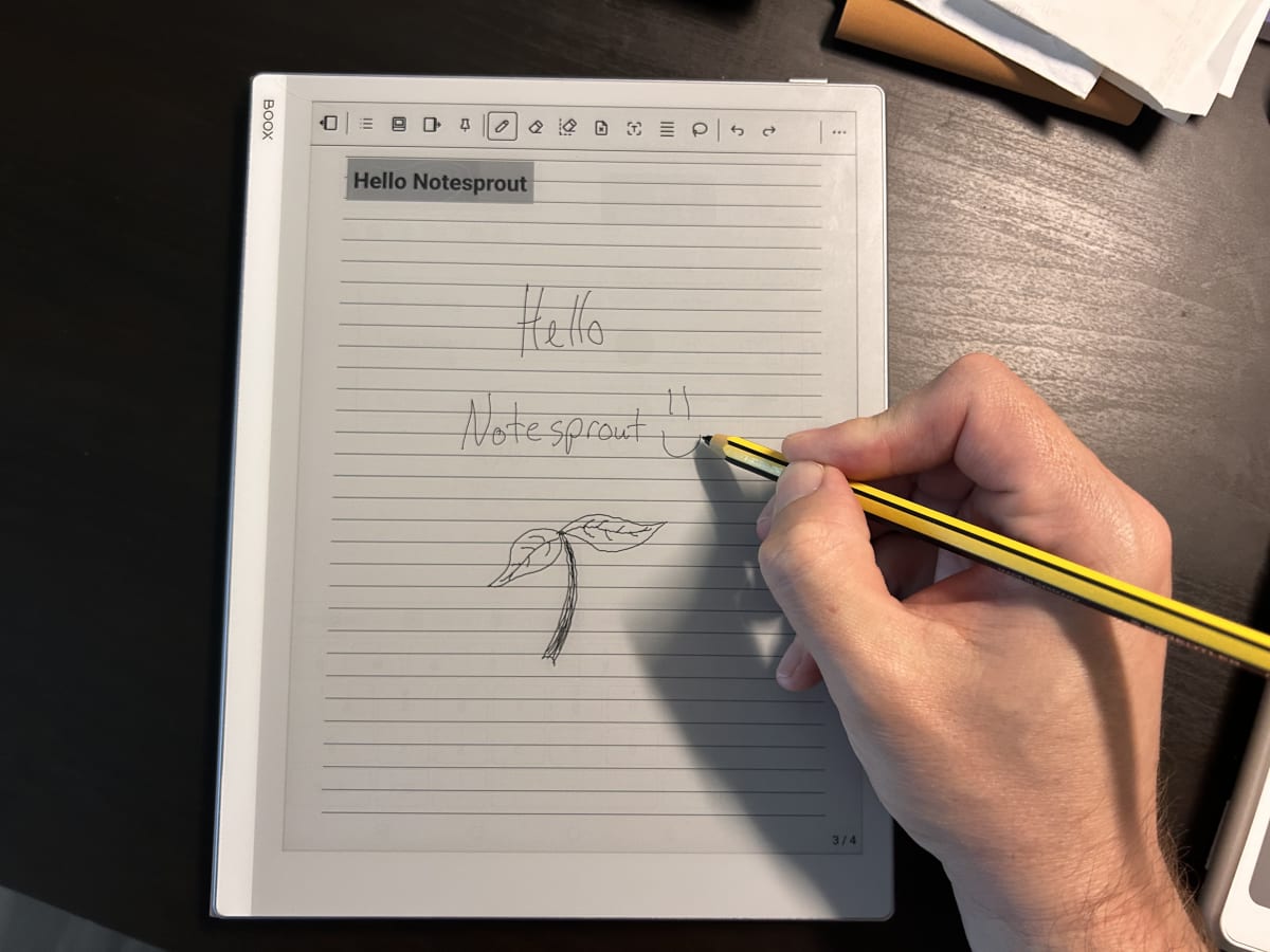 Notesprout running on a BOOX Go 10.3 e-ink tablet showing a note (Hello Notesprout) and sketch (a sprout).