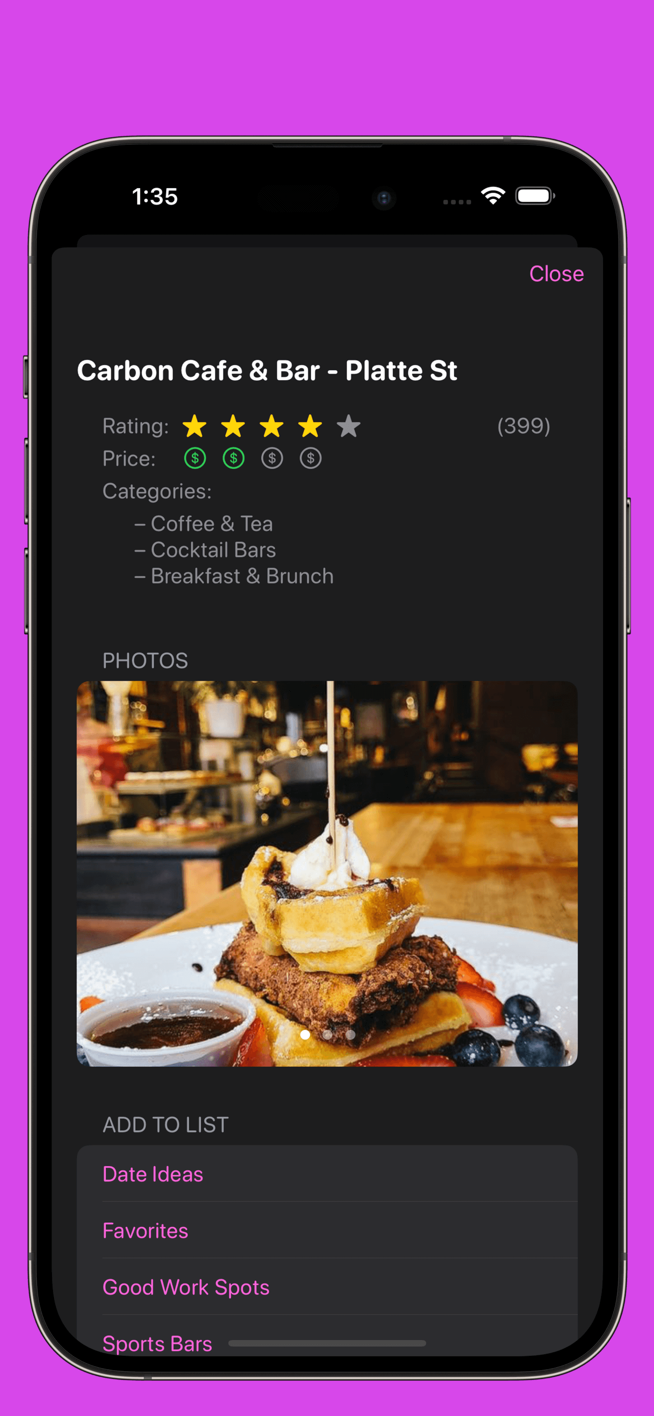 Hot Local Food - Details Screen - Dark Mode