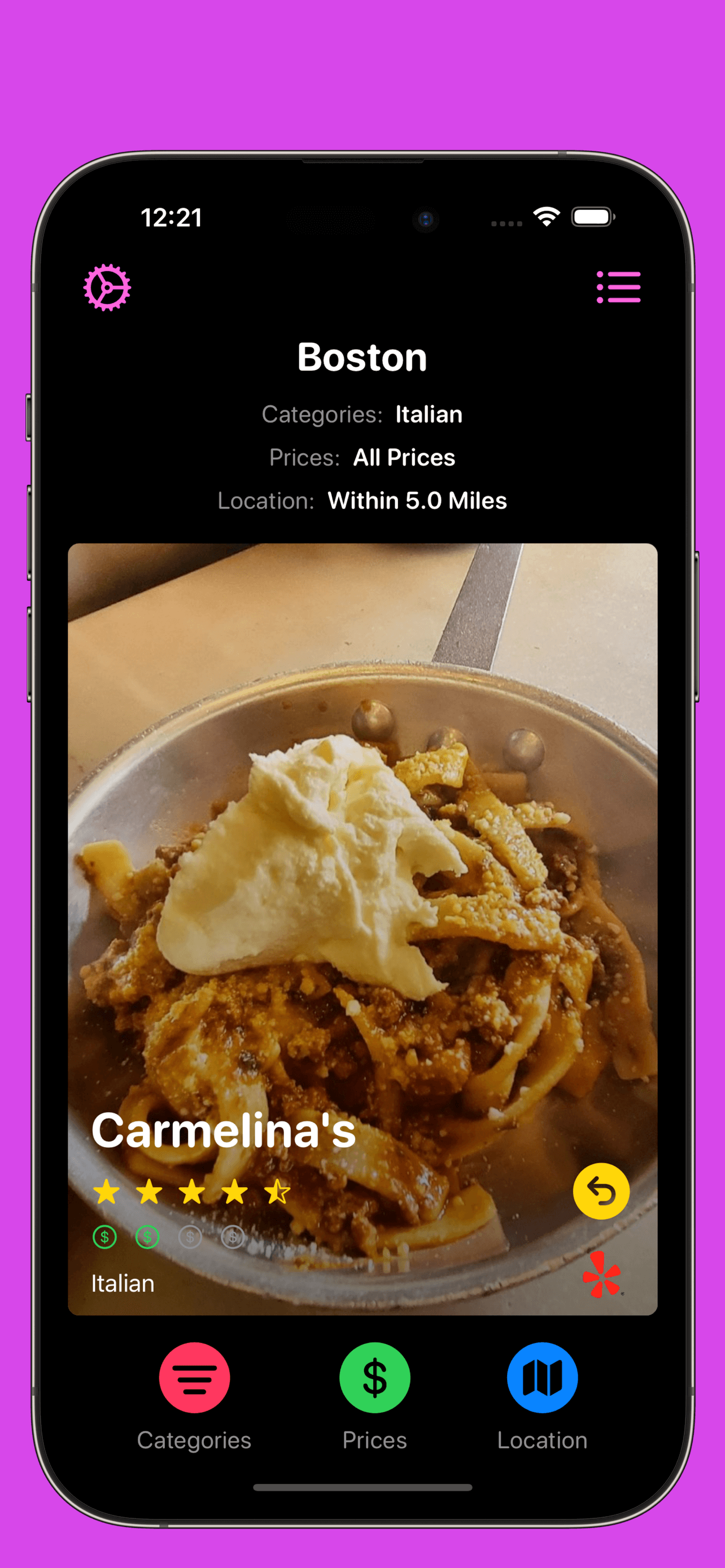 Hot Local Food - Home Screen with Boston location - Dark Mode