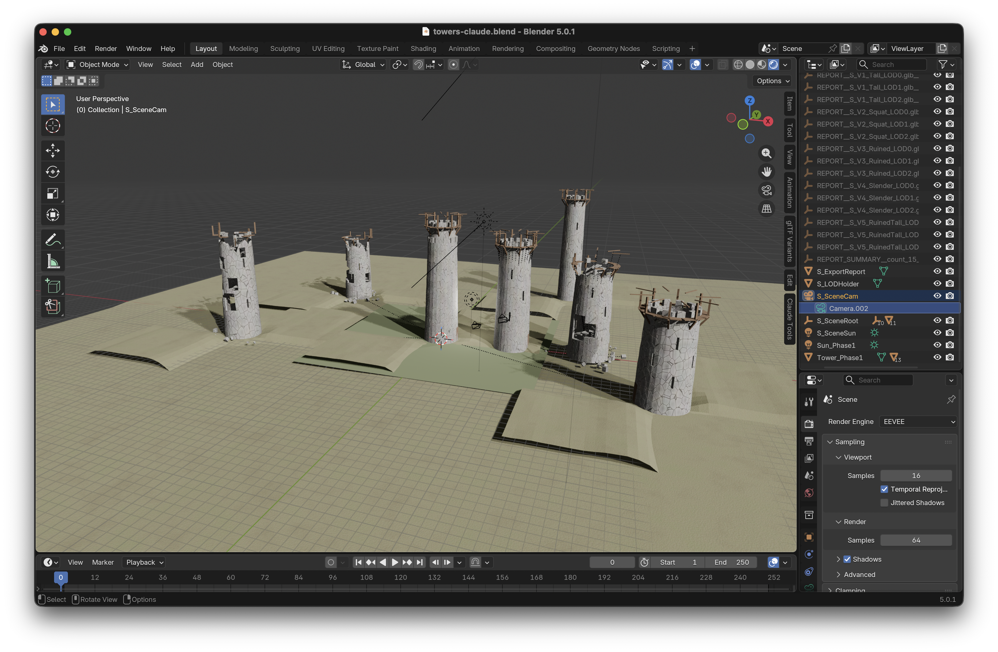 Procedural / Technical Test Prompt: Create a procedural medieval watchtower generator in Blender. Requirements: - tower height parameter - random seed parameter - optional ruined mode - procedural stone material - staircase generation - modular windows and arches - defensive wooden platform - surrounding terrain generation Build this as reusable Geometry Nodes where possible. After generation: - create 5 unique tower variants - arrange them naturally in a scene - optimize geometry - generate UVs  - create LOD versions - export all towers as separate GLB assets. Claude Desktop Opus 4.7.