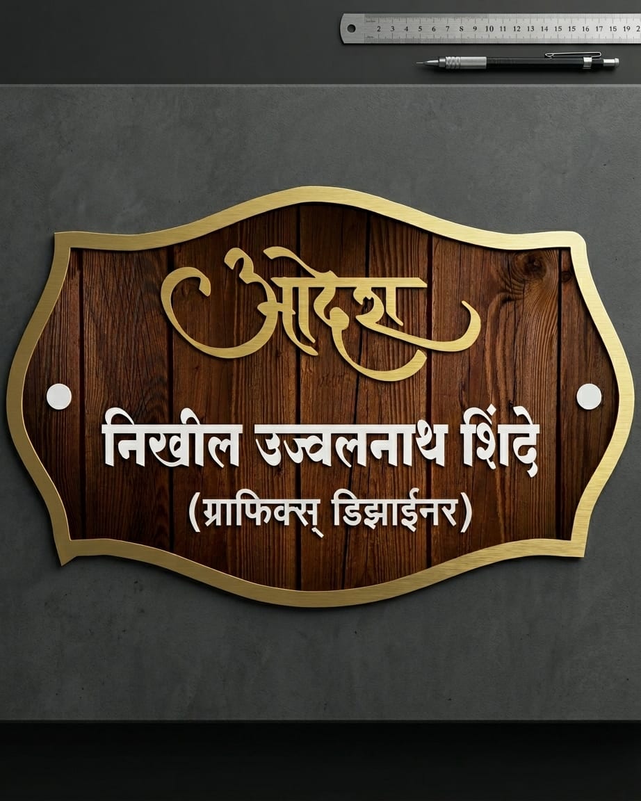 Wooden And Golden Name Acrylic Plate For Home by Marathi Design