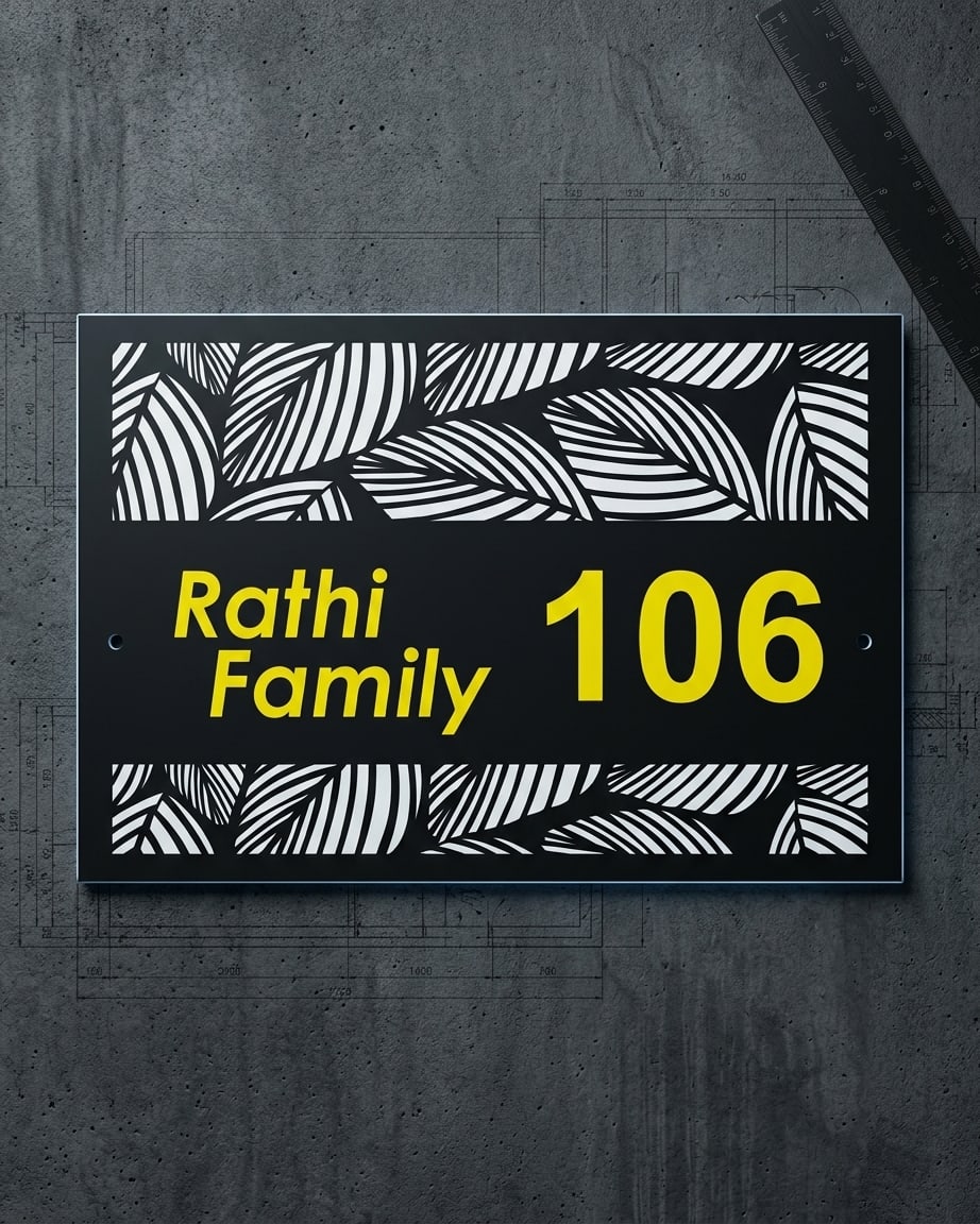 Black Leaf Design Cutting Acrylic Name Plate by Marathi Design