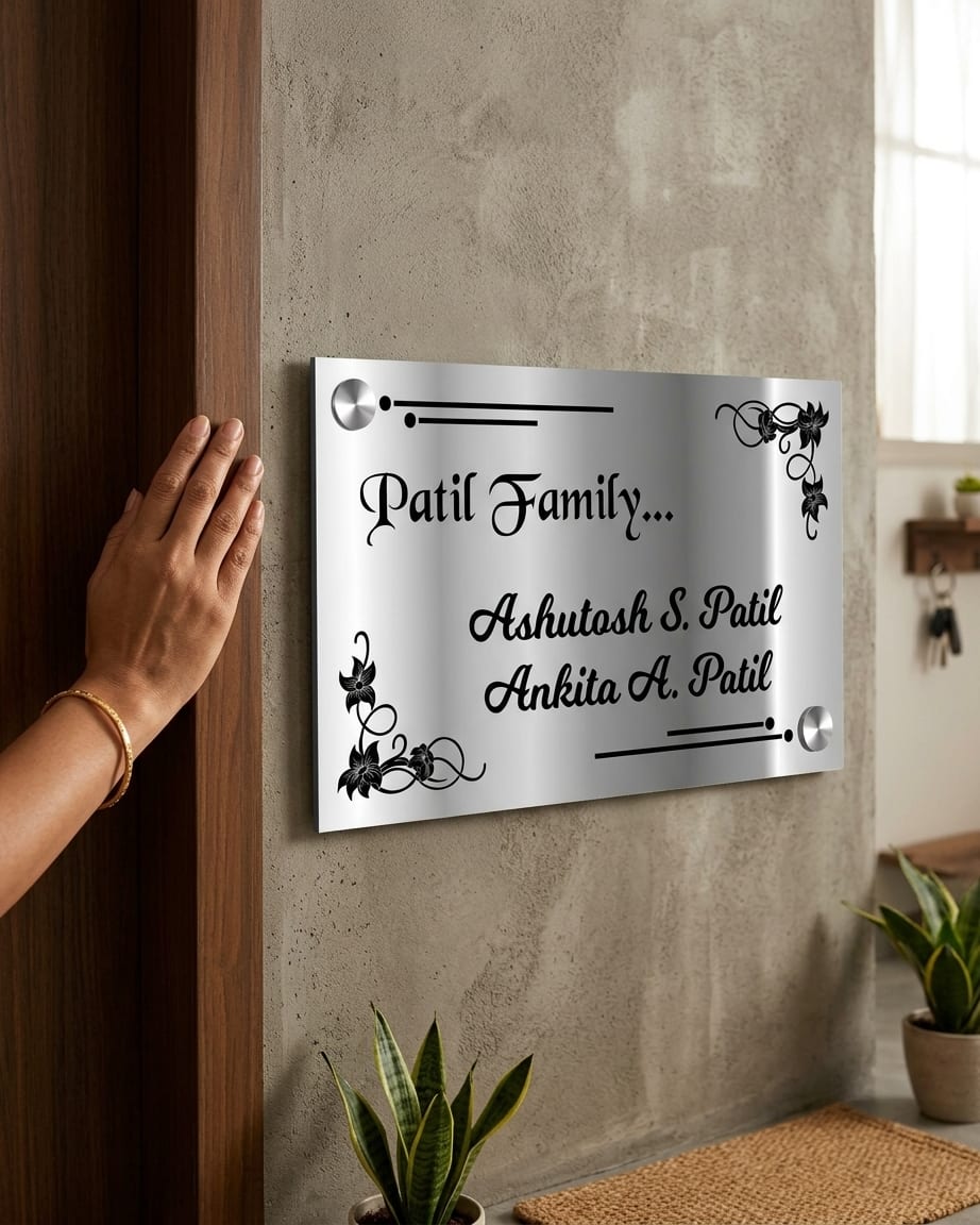 Silver Name Plate for Home and Flat by Marathi Design