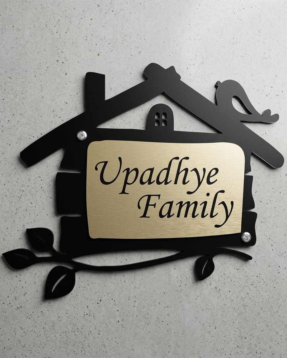Acrylic Home Name Plate Black And Golden by Marathi Design