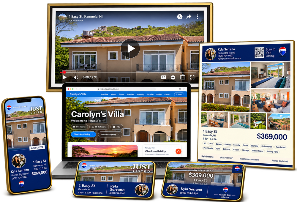 Examples of a listing video, property website, printed flyer, and branded social graphics created around the same property.